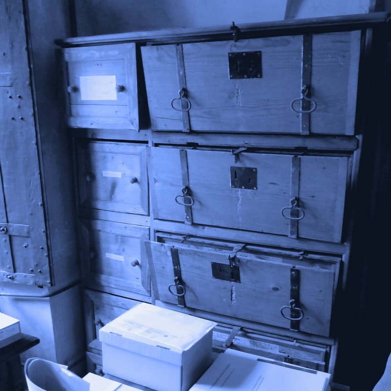 Old wooden archive boxes at Einsiedeln Abbey