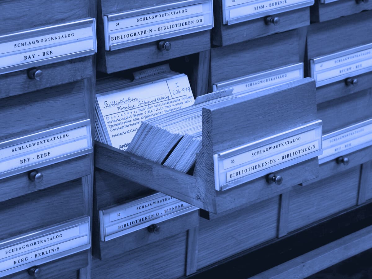 Card catalog drawers with handwritten index cards