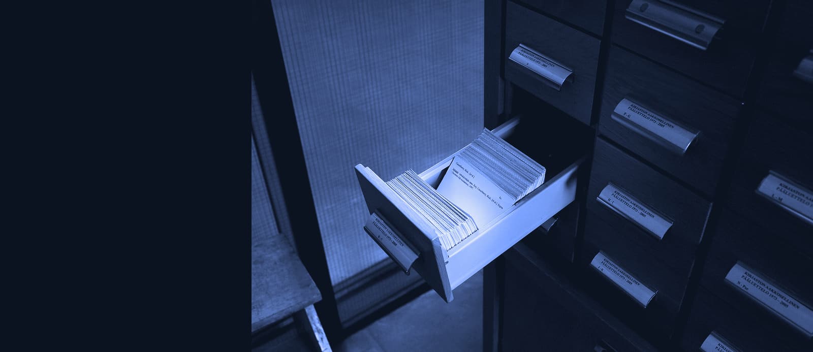 An open card-index drawer at the National Archives of Finland