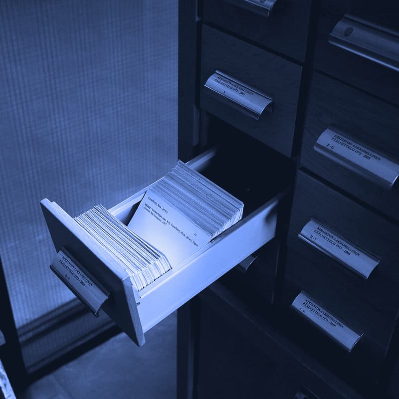 An open card-index drawer at the National Archives of Finland