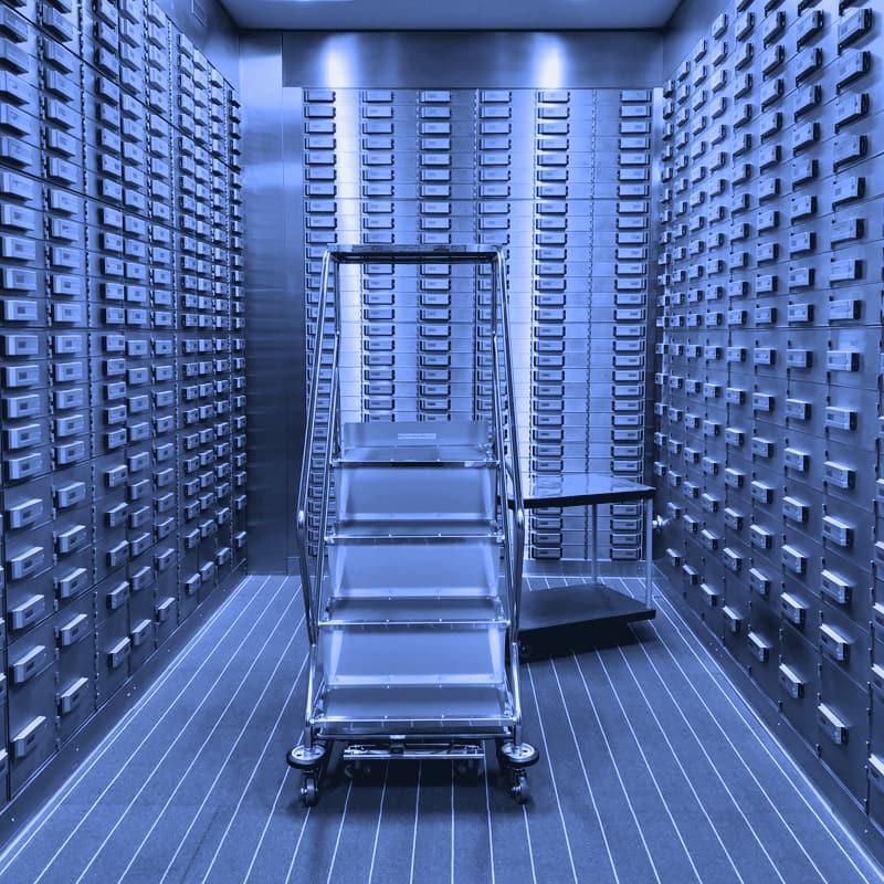 A wall of safe deposit boxes